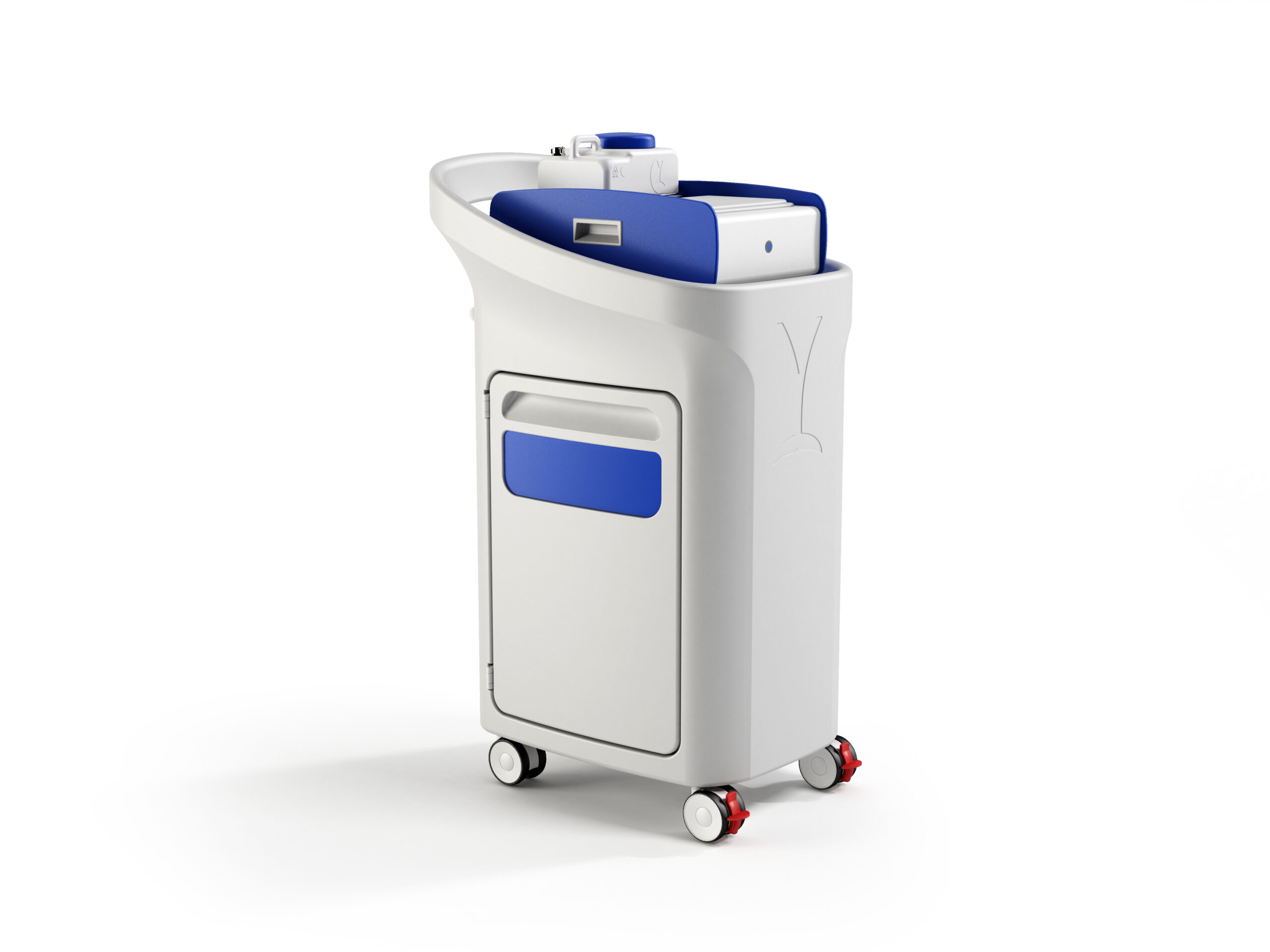Carrello medico Syren, bianco con dettagli blu, progettato per uso clinico